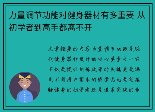力量调节功能对健身器材有多重要 从初学者到高手都离不开