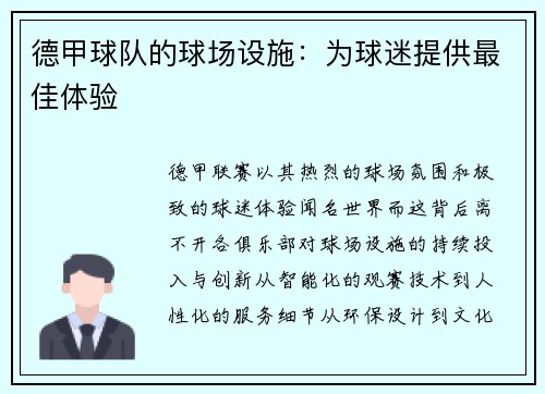 德甲球队的球场设施：为球迷提供最佳体验